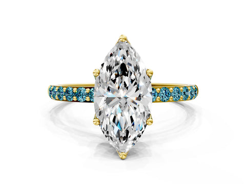 Yellow gold Marquise Cut Diamond Solitaire Engagement Ring with Round with Blue Topaz side stone Pavé Band and Prong Setting
