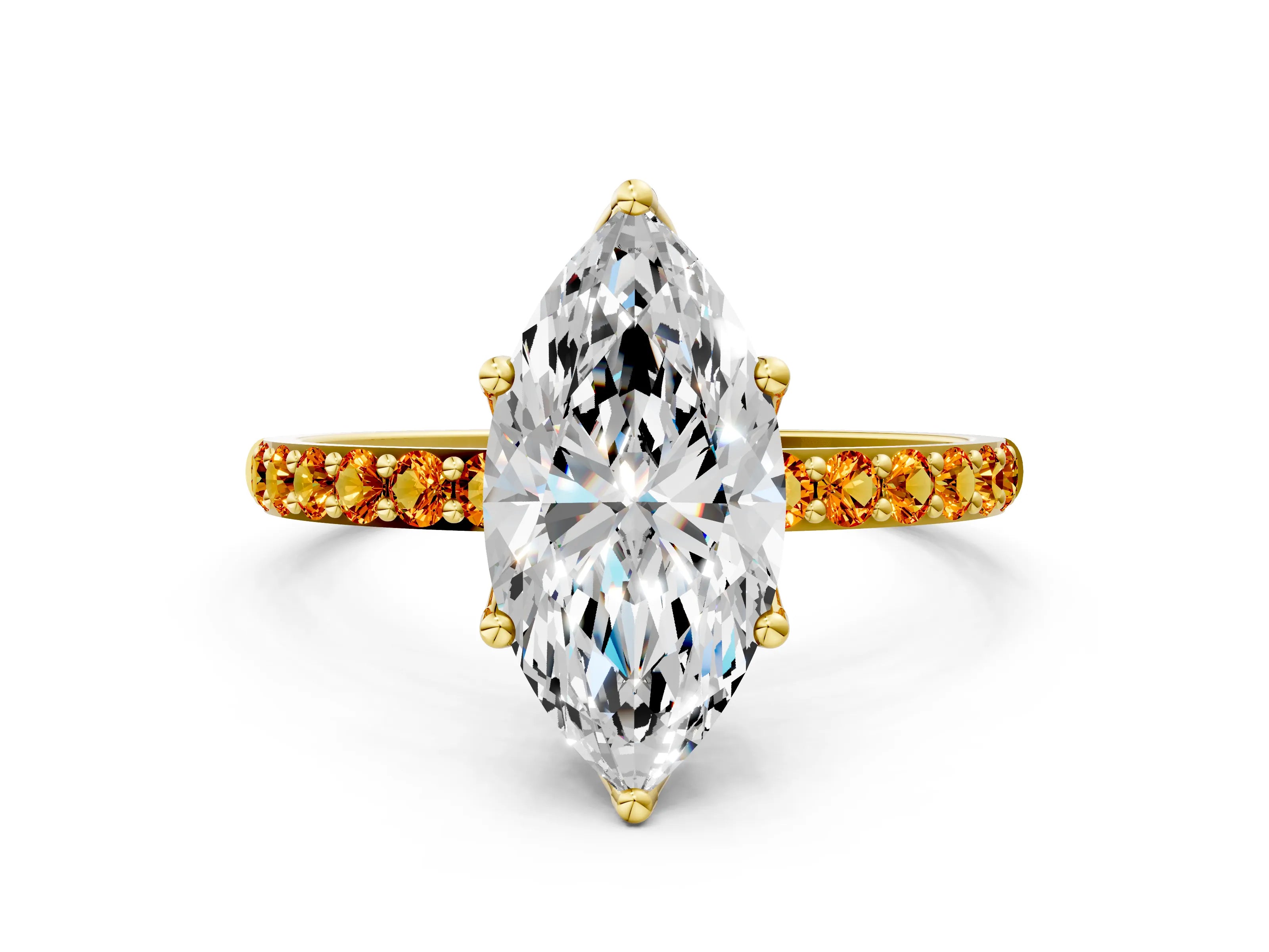 Yellow gold Marquise Cut Diamond Solitaire Engagement Ring with Round with Citrine side stone Pavé Band and Prong Setting