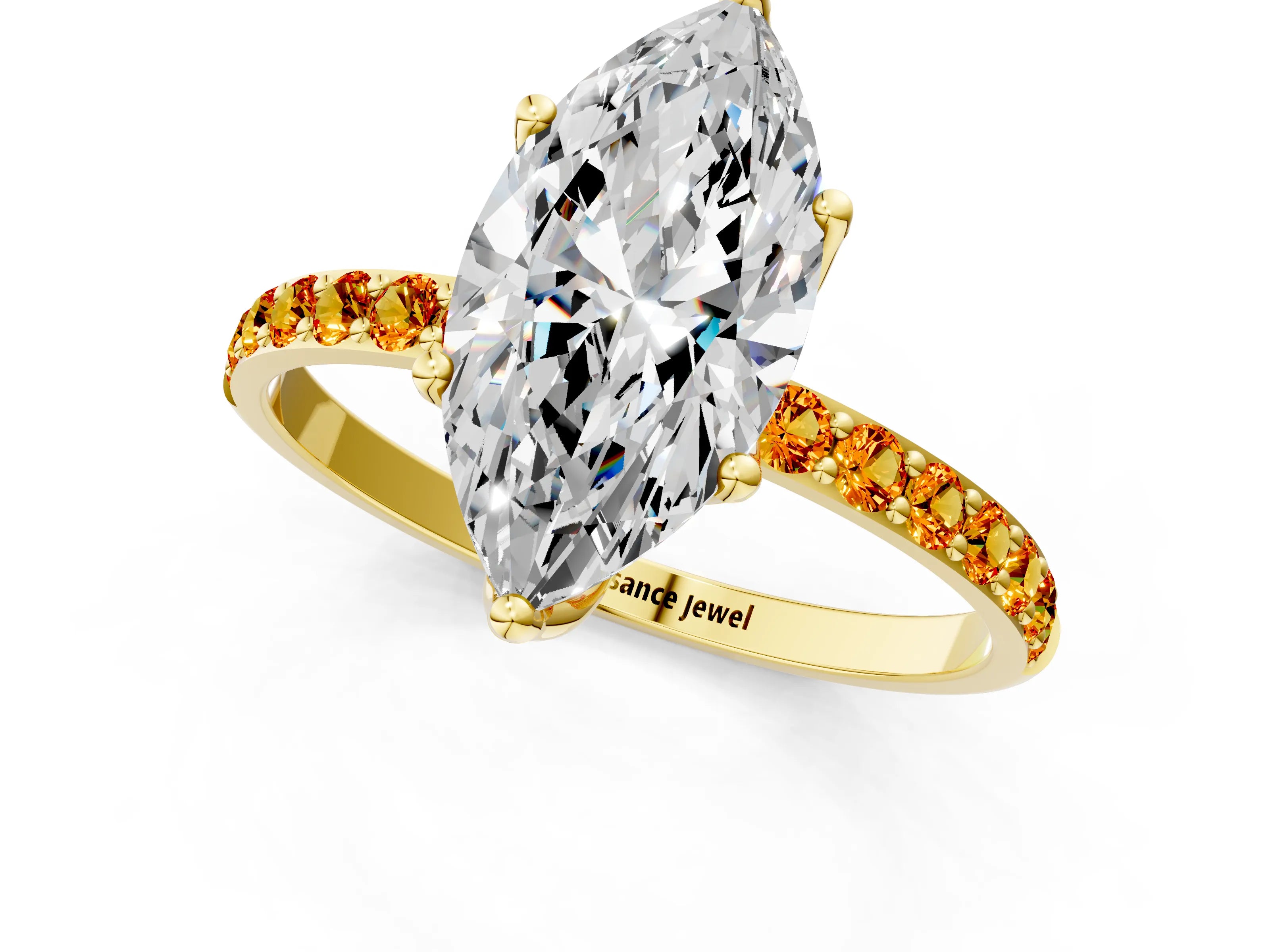 Yellow gold Marquise Cut Diamond Solitaire Engagement Ring with Round with Citrine side stone Pavé Band and Prong Setting_1