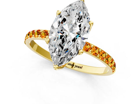 Yellow gold Marquise Cut Diamond Solitaire Engagement Ring with Round with Citrine side stone Pavé Band and Prong Setting_1