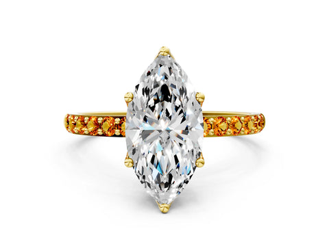 Yellow gold Marquise Cut Diamond Solitaire Engagement Ring with Round with Citrine side stone Pavé Band and Prong Setting