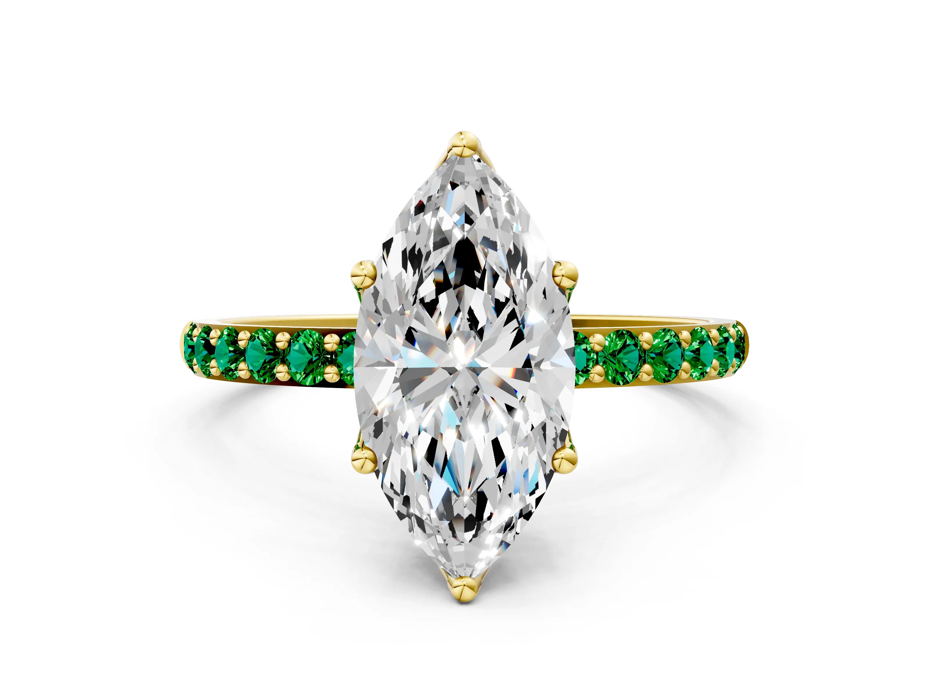 Yellow gold Marquise Cut Diamond Solitaire Engagement Ring with Round with Emerald side stone Pavé Band and Prong Setting