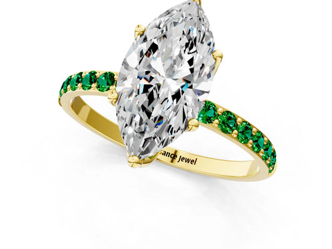 Yellow gold Marquise Cut Diamond Solitaire Engagement Ring with Round with Emerald side stone Pavé Band and Prong Setting_1