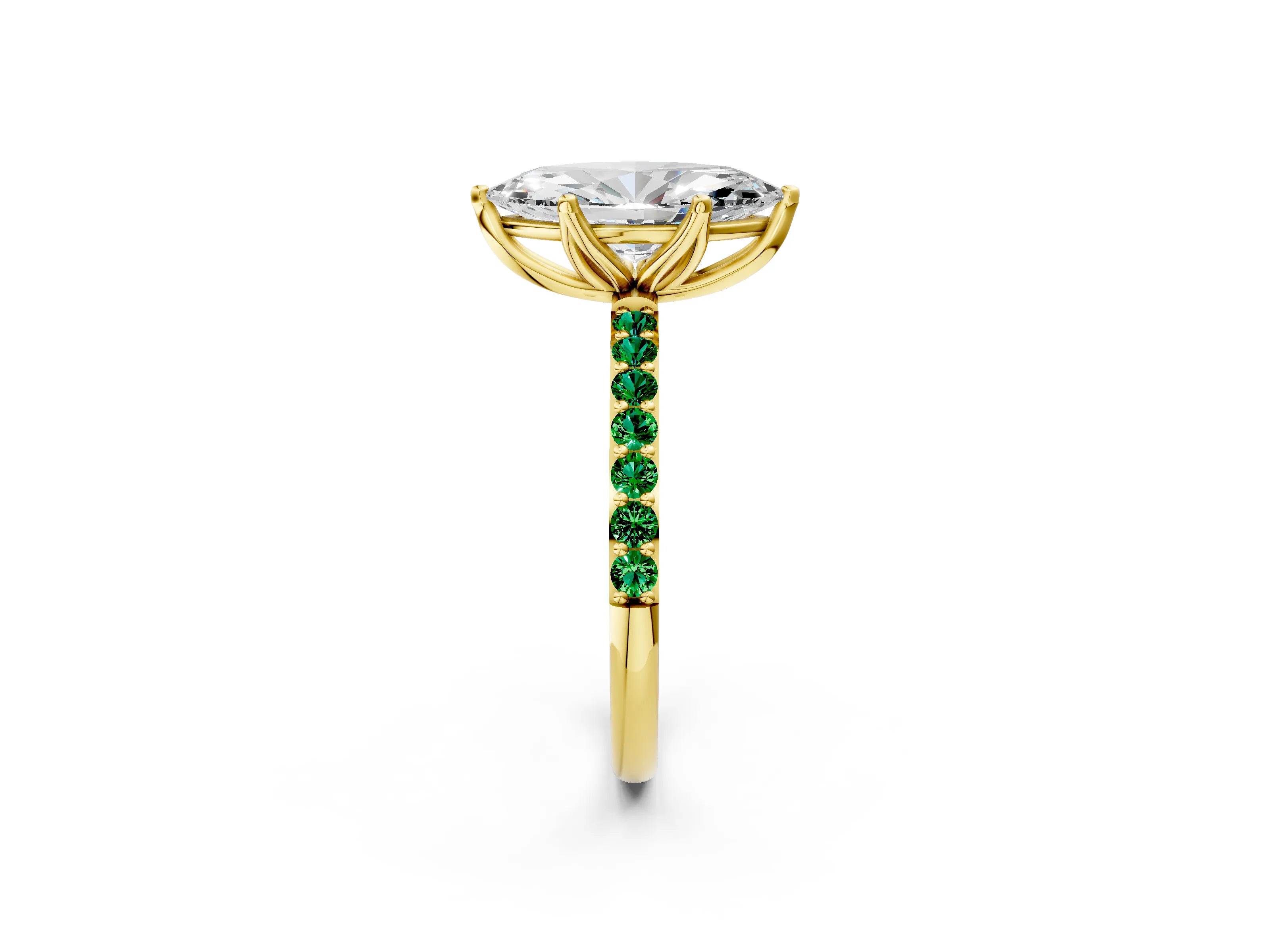 Yellow gold Marquise Cut Diamond Solitaire Engagement Ring with Round with Emerald side stone Pavé Band and Prong Setting_2