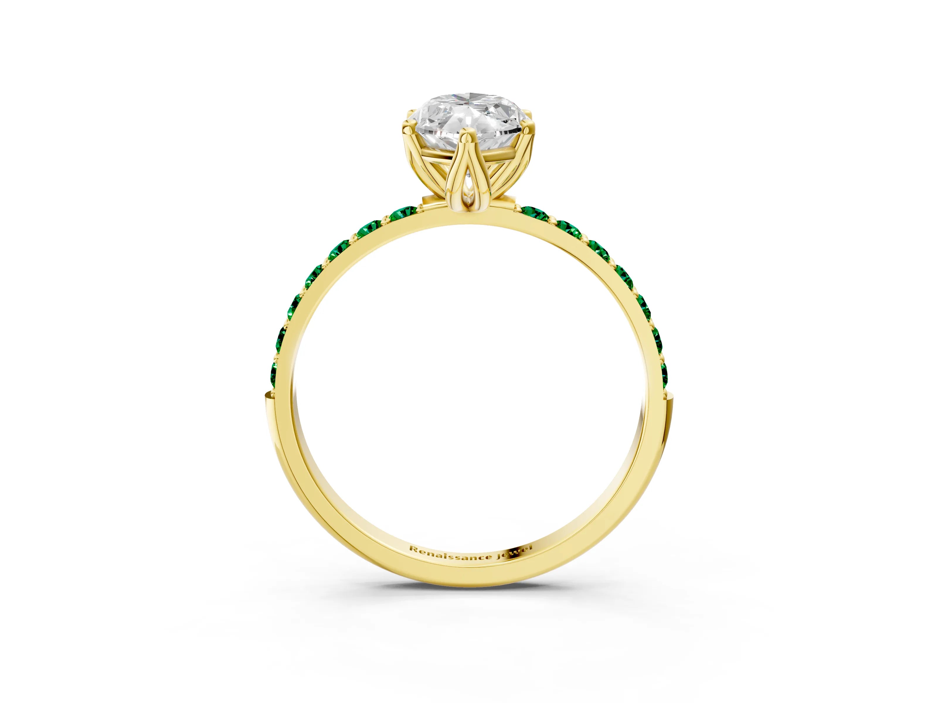 Yellow gold Marquise Cut Diamond Solitaire Engagement Ring with Round with Emerald side stone Pavé Band and Prong Setting_3