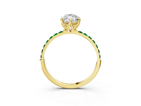Yellow gold Marquise Cut Diamond Solitaire Engagement Ring with Round with Emerald side stone Pavé Band and Prong Setting_3