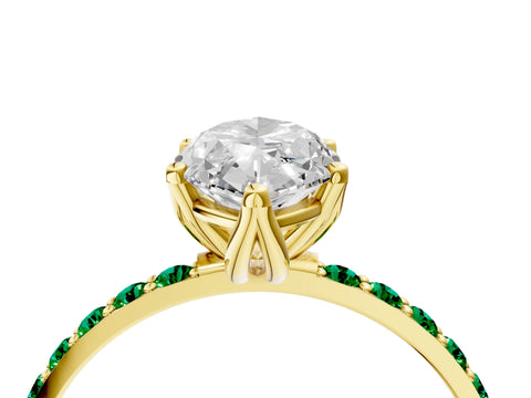 Yellow gold Marquise Cut Diamond Solitaire Engagement Ring with Round with Emerald side stone Pavé Band and Prong Setting_4