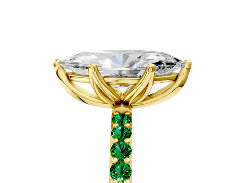 Yellow gold Marquise Cut Diamond Solitaire Engagement Ring with Round with Emerald side stone Pavé Band and Prong Setting_5