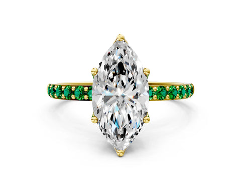 Yellow gold Marquise Cut Diamond Solitaire Engagement Ring with Round with Emerald side stone Pavé Band and Prong Setting