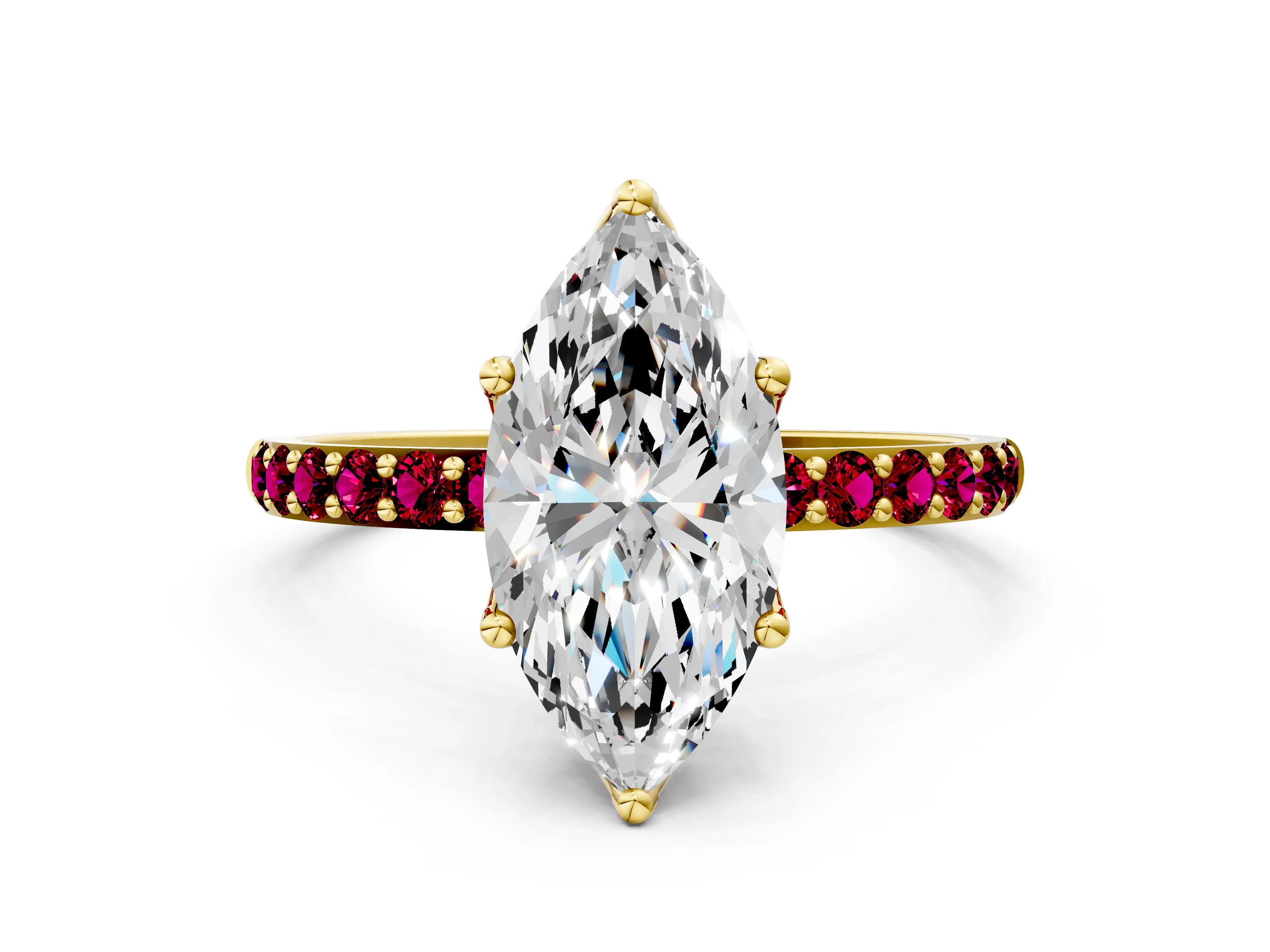 Yellow gold Marquise Cut Diamond Solitaire Engagement Ring with Round with Garnet side stone Pavé Band and Prong Setting