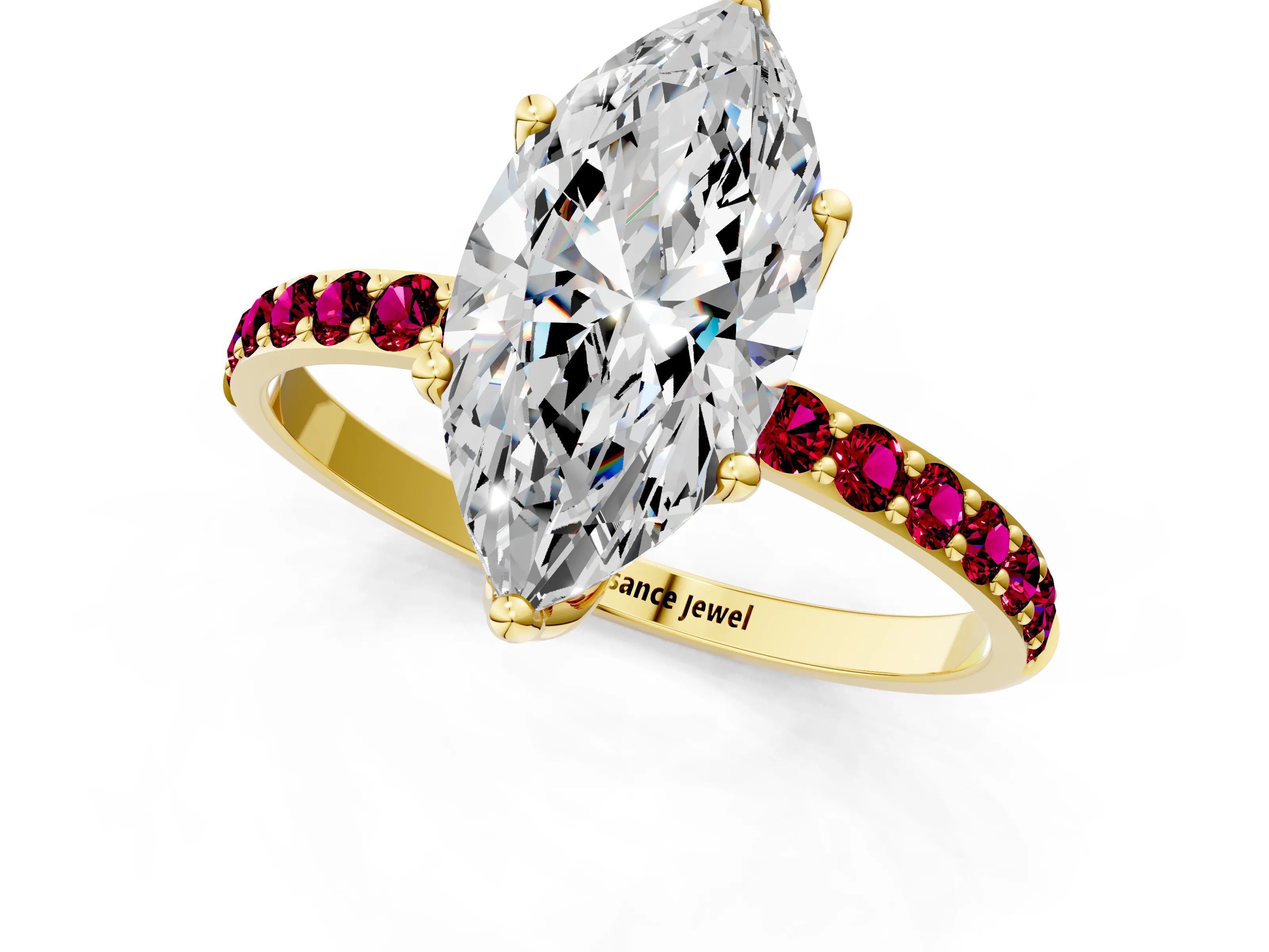 Yellow gold Marquise Cut Diamond Solitaire Engagement Ring with Round with Garnet side stone Pavé Band and Prong Setting_1