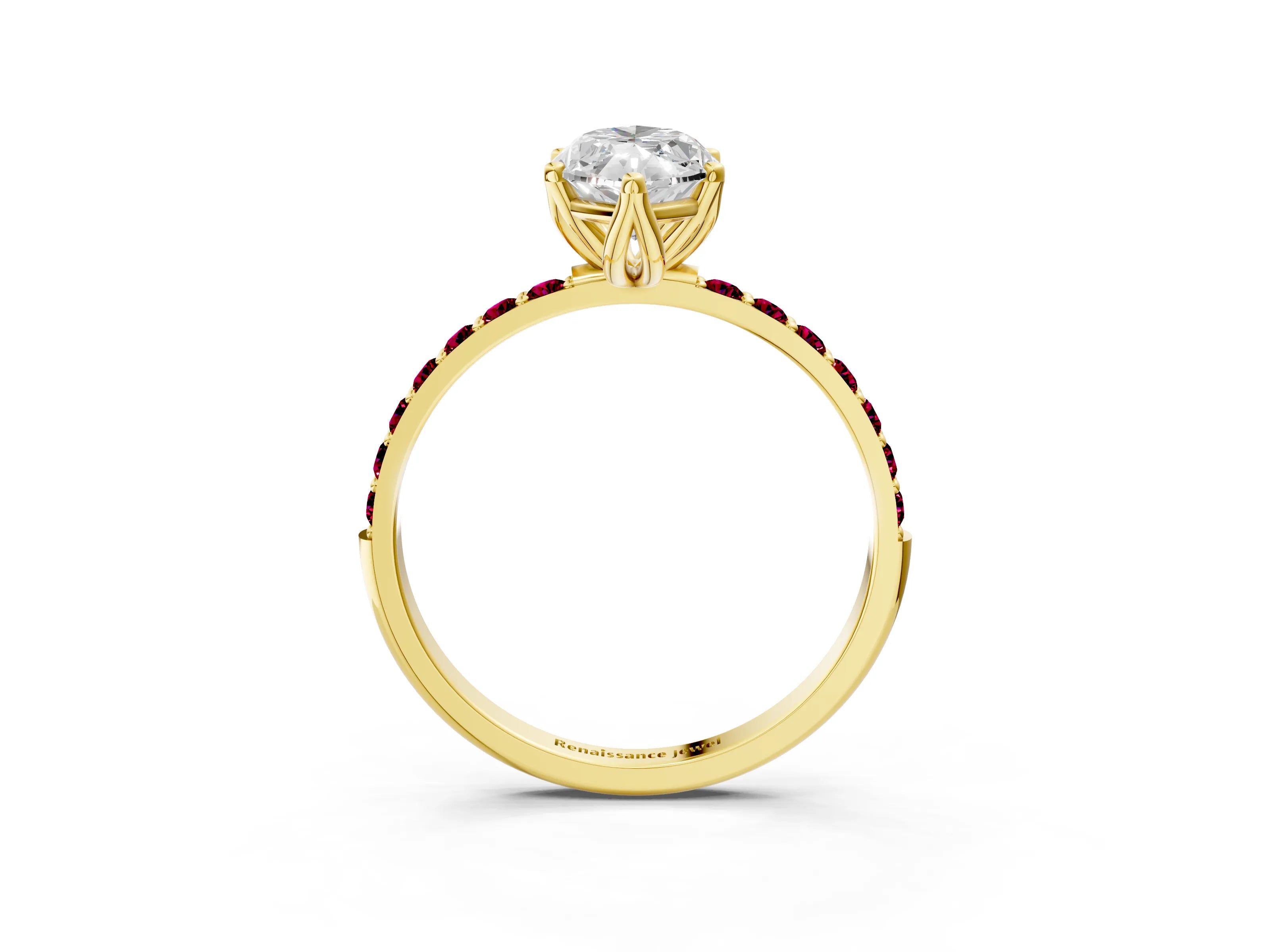 Yellow gold Marquise Cut Diamond Solitaire Engagement Ring with Round with Garnet side stone Pavé Band and Prong Setting_3