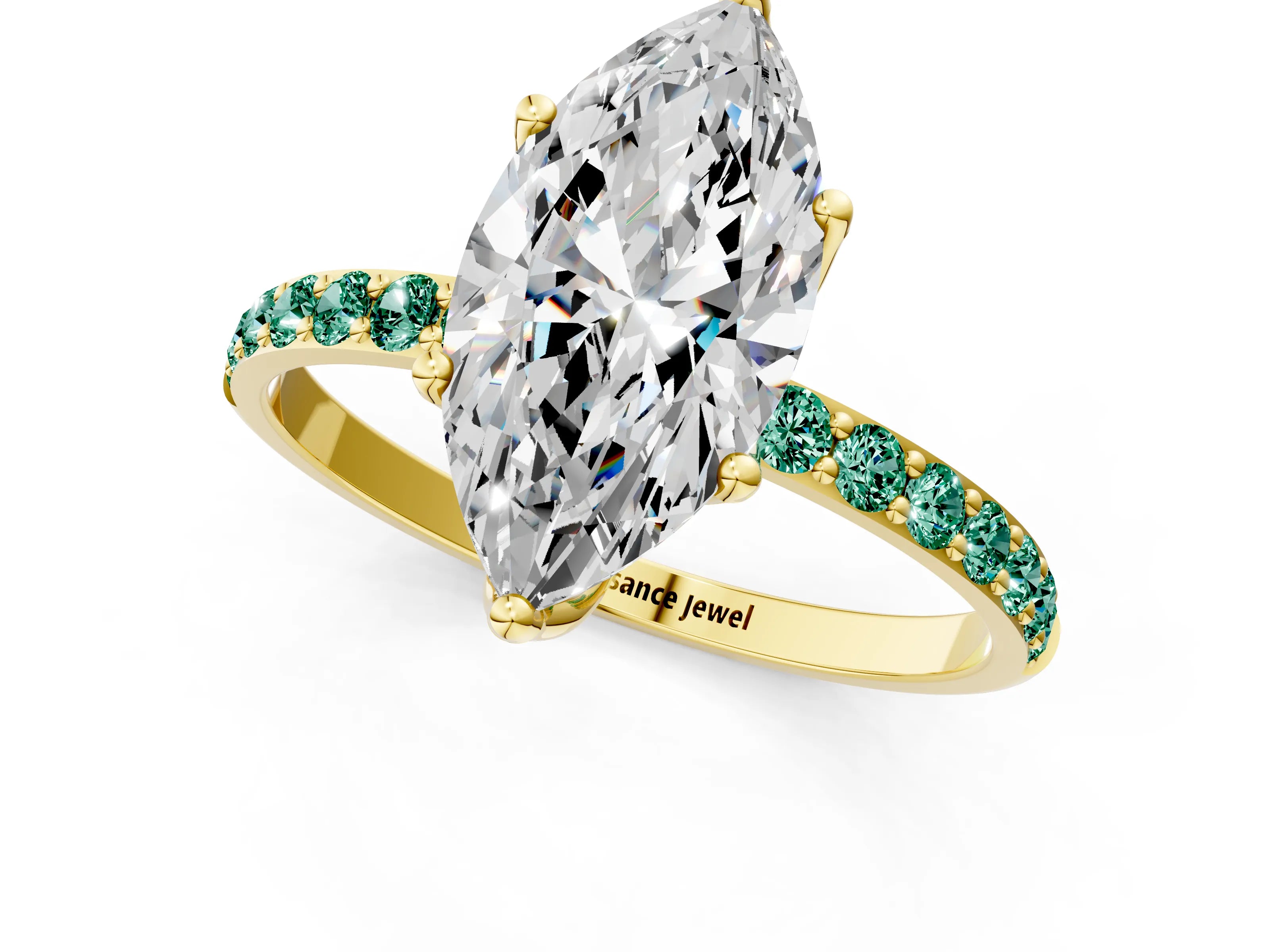 Yellow gold Marquise Cut Diamond Solitaire Engagement Ring with Round with Green Sapphire side stone Pavé Band and Prong Setting_1