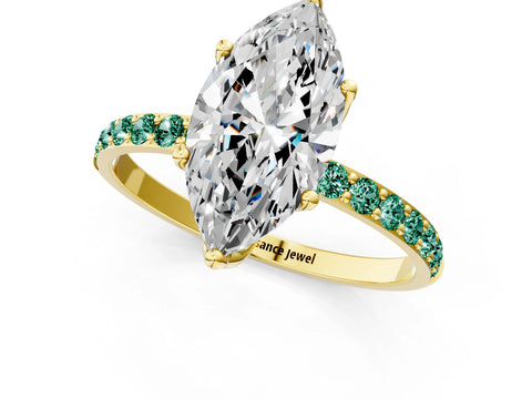 Yellow gold Marquise Cut Diamond Solitaire Engagement Ring with Round with Green Sapphire side stone Pavé Band and Prong Setting_1
