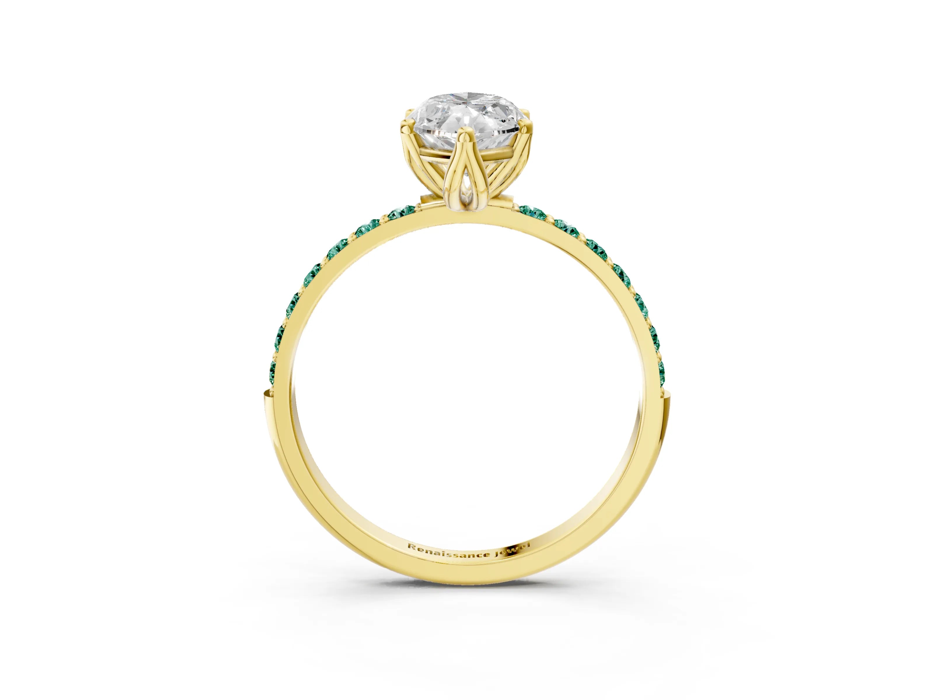 Yellow gold Marquise Cut Diamond Solitaire Engagement Ring with Round with Green Sapphire side stone Pavé Band and Prong Setting_3