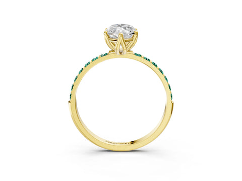Yellow gold Marquise Cut Diamond Solitaire Engagement Ring with Round with Green Sapphire side stone Pavé Band and Prong Setting_3