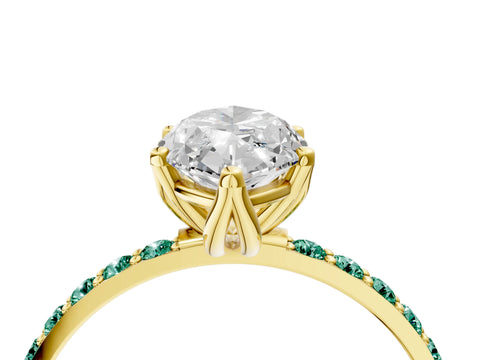 Yellow gold Marquise Cut Diamond Solitaire Engagement Ring with Round with Green Sapphire side stone Pavé Band and Prong Setting_4
