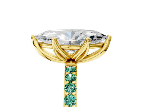 Yellow gold Marquise Cut Diamond Solitaire Engagement Ring with Round with Green Sapphire side stone Pavé Band and Prong Setting_5