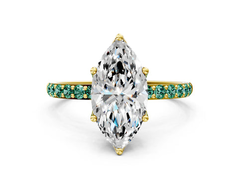 Yellow gold Marquise Cut Diamond Solitaire Engagement Ring with Round with Green Sapphire side stone Pavé Band and Prong Setting