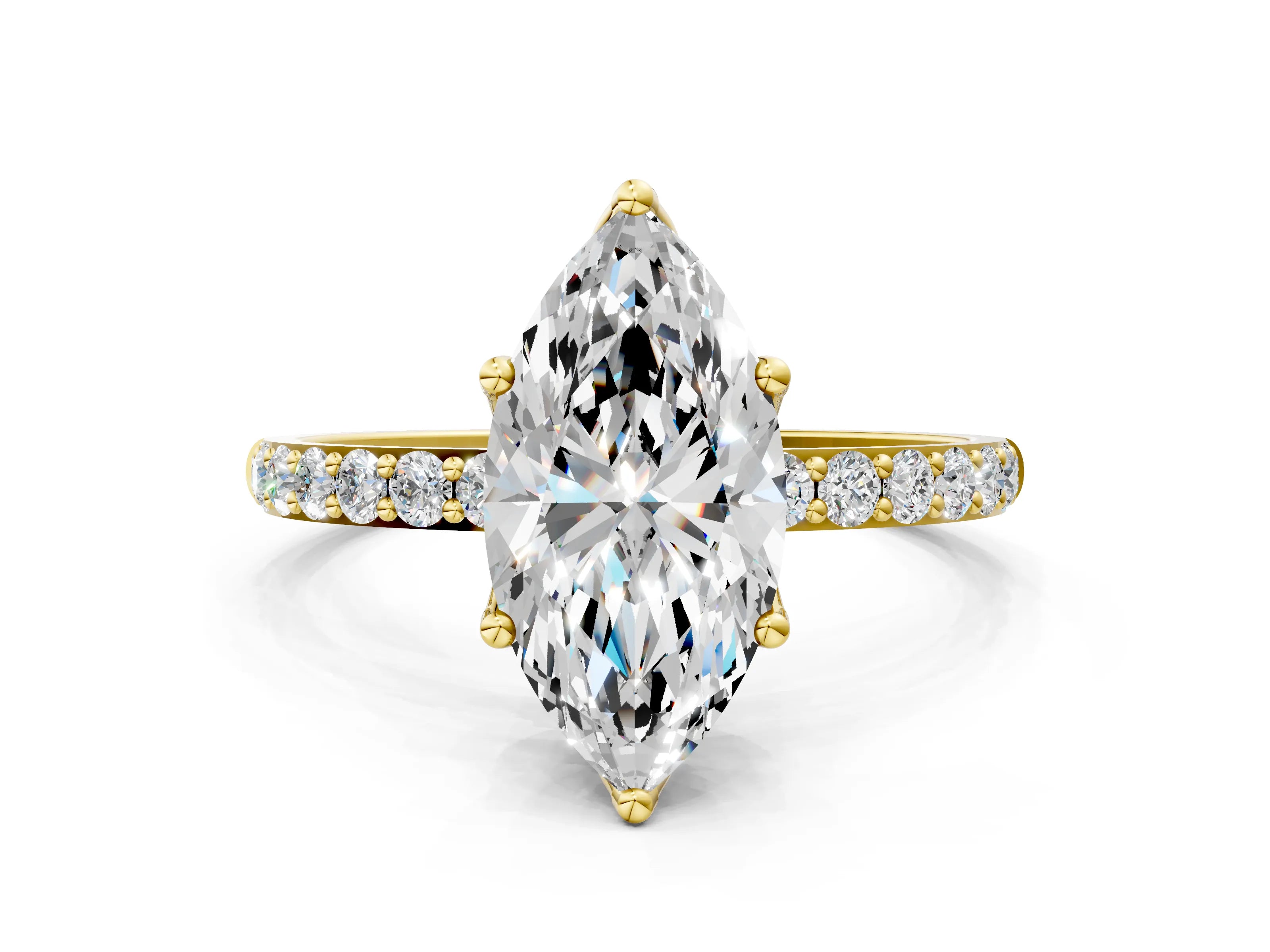 Yellow gold Marquise Cut Diamond Solitaire Engagement Ring with Round with Moissanite side stone Pavé Band and Prong Setting
