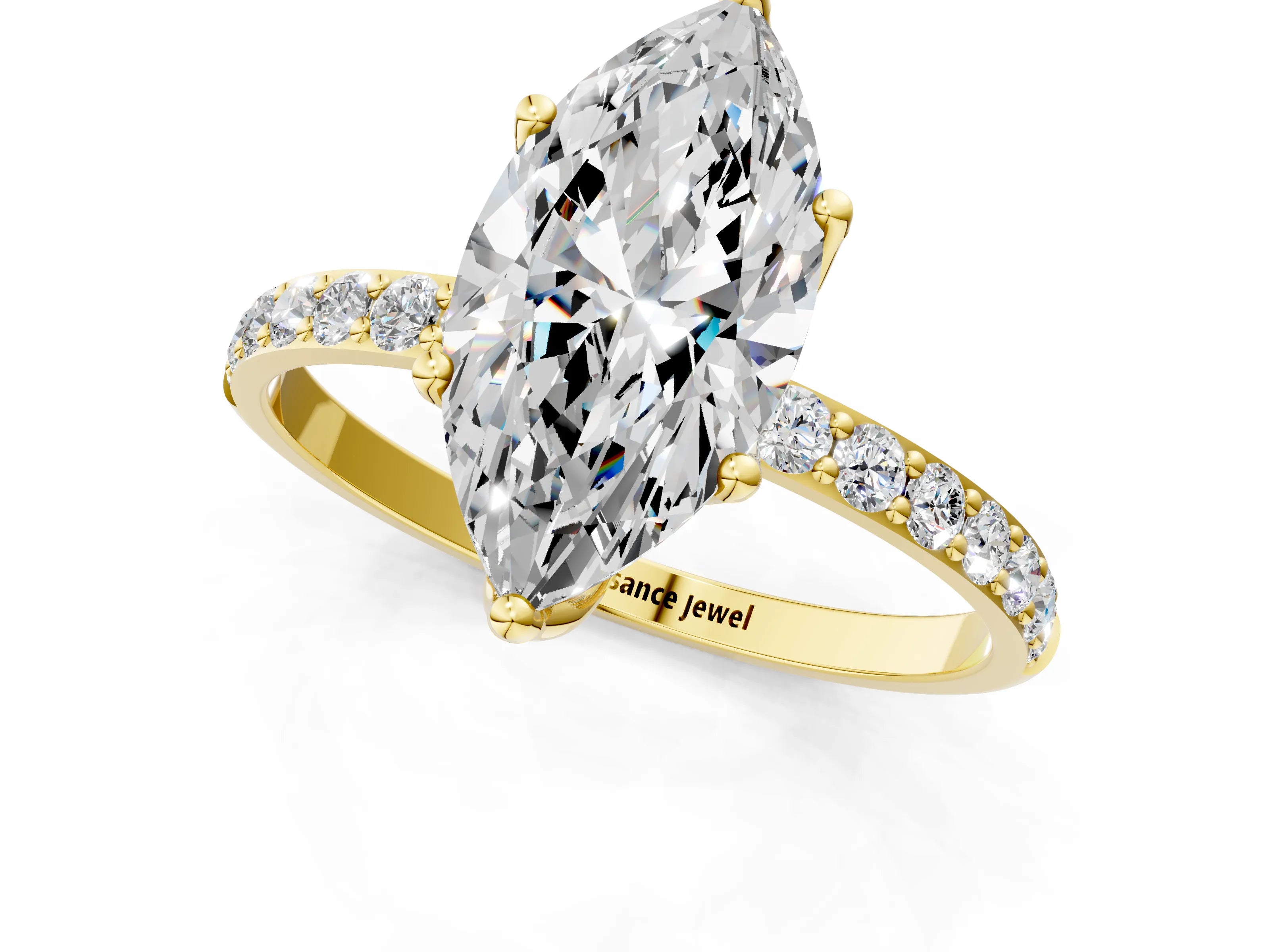 Yellow gold Marquise Cut Diamond Solitaire Engagement Ring with Round with Moissanite side stone Pavé Band and Prong Setting_1