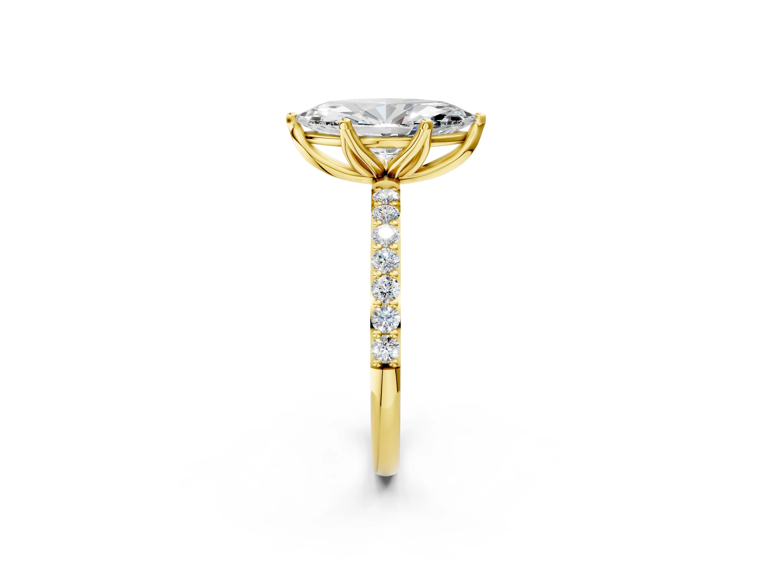 Yellow gold Marquise Cut Diamond Solitaire Engagement Ring with Round with Moissanite side stone Pavé Band and Prong Setting_2