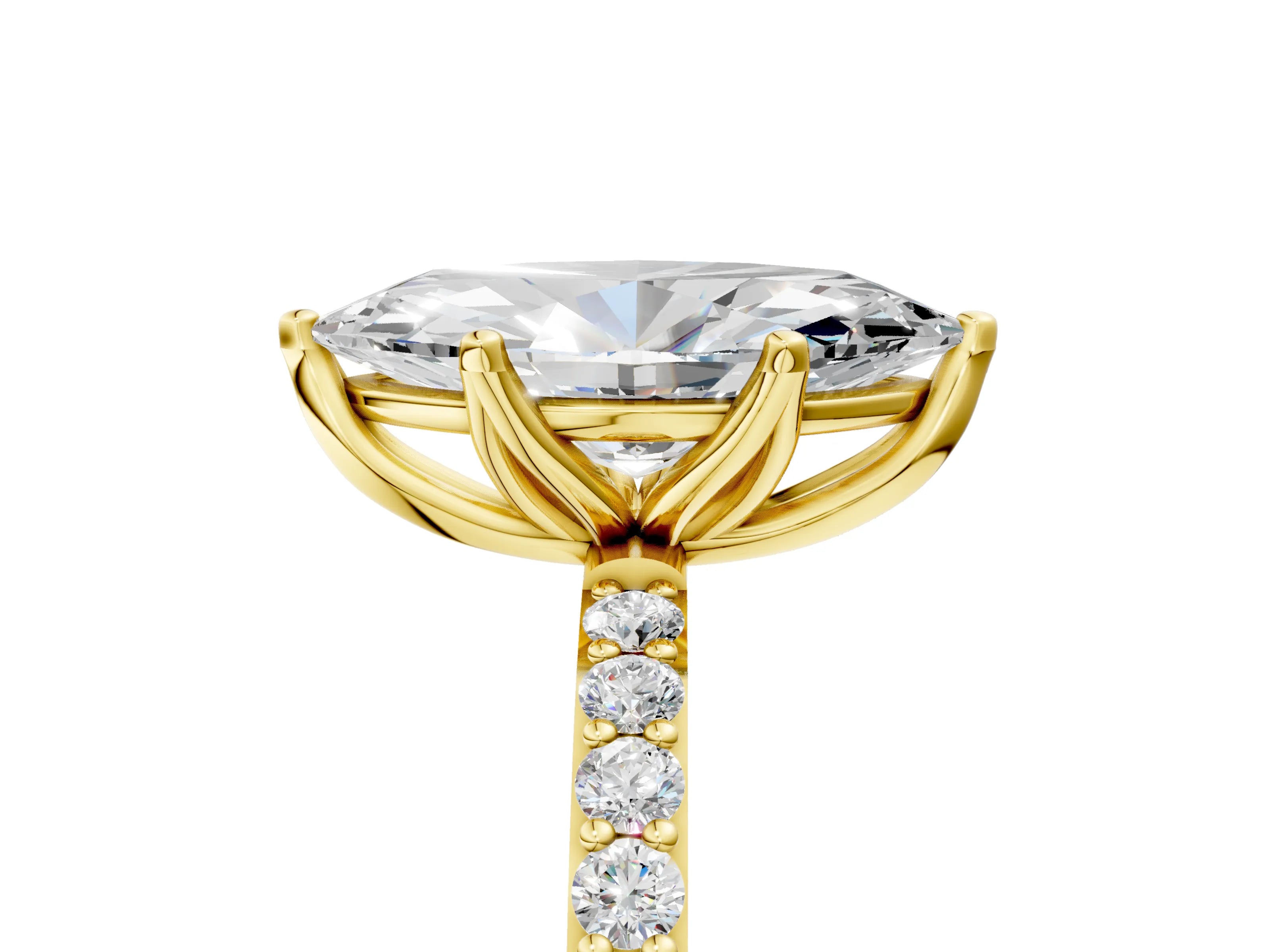 Yellow gold Marquise Cut Diamond Solitaire Engagement Ring with Round with Moissanite side stone Pavé Band and Prong Setting_5