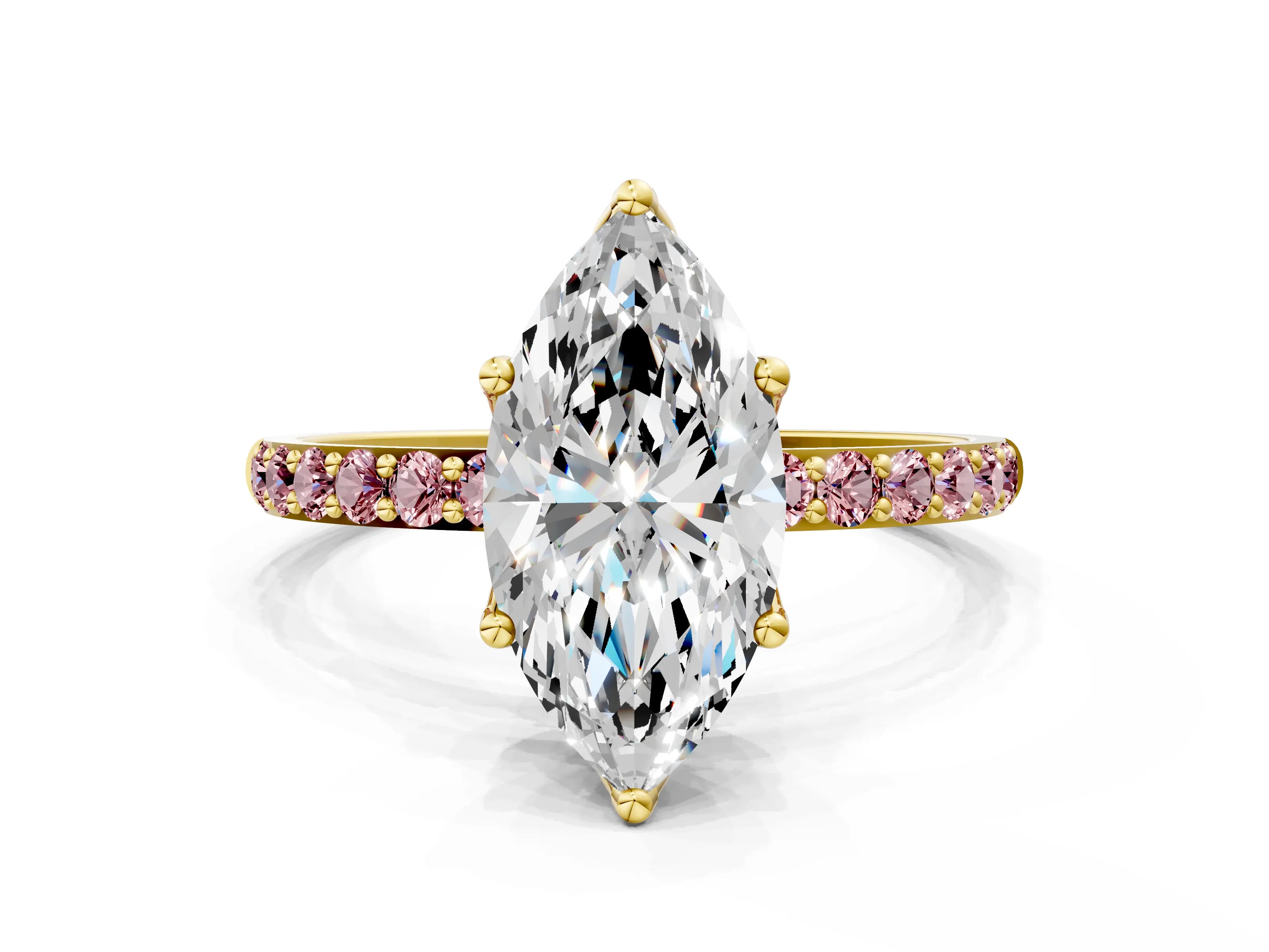 Yellow gold Marquise Cut Diamond Solitaire Engagement Ring with Round with Morganite side stone Pavé Band and Prong Setting