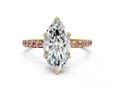 Yellow gold Marquise Cut Diamond Solitaire Engagement Ring with Round with Morganite side stone Pavé Band and Prong Setting