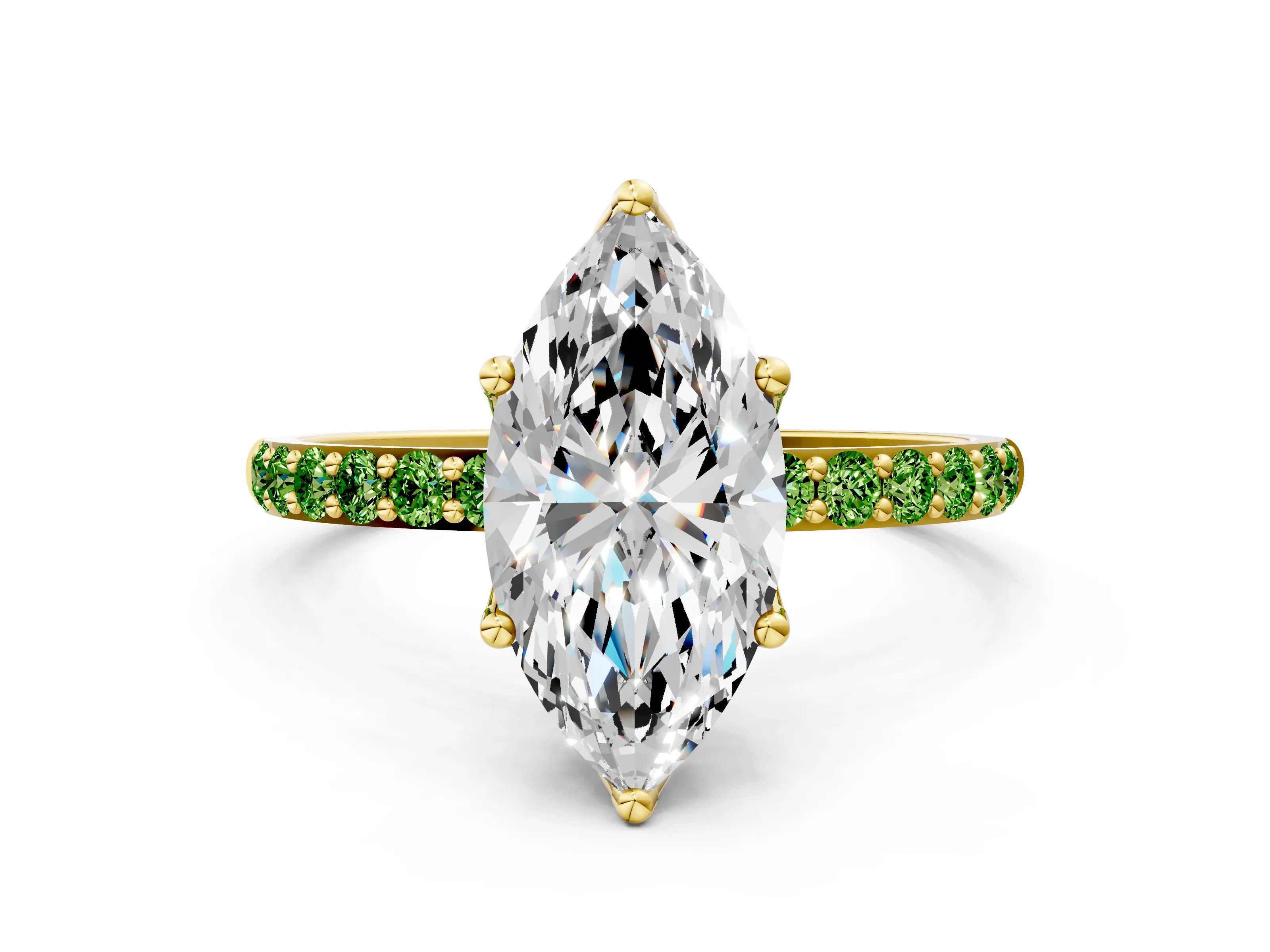 Yellow gold Marquise Cut Diamond Solitaire Engagement Ring with Round with Peridot side stone Pavé Band and Prong Setting
