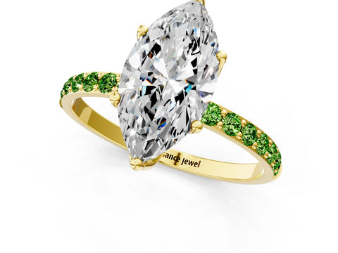 Yellow gold Marquise Cut Diamond Solitaire Engagement Ring with Round with Peridot side stone Pavé Band and Prong Setting_1