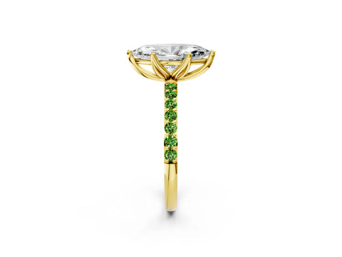 Yellow gold Marquise Cut Diamond Solitaire Engagement Ring with Round with Peridot side stone Pavé Band and Prong Setting_2