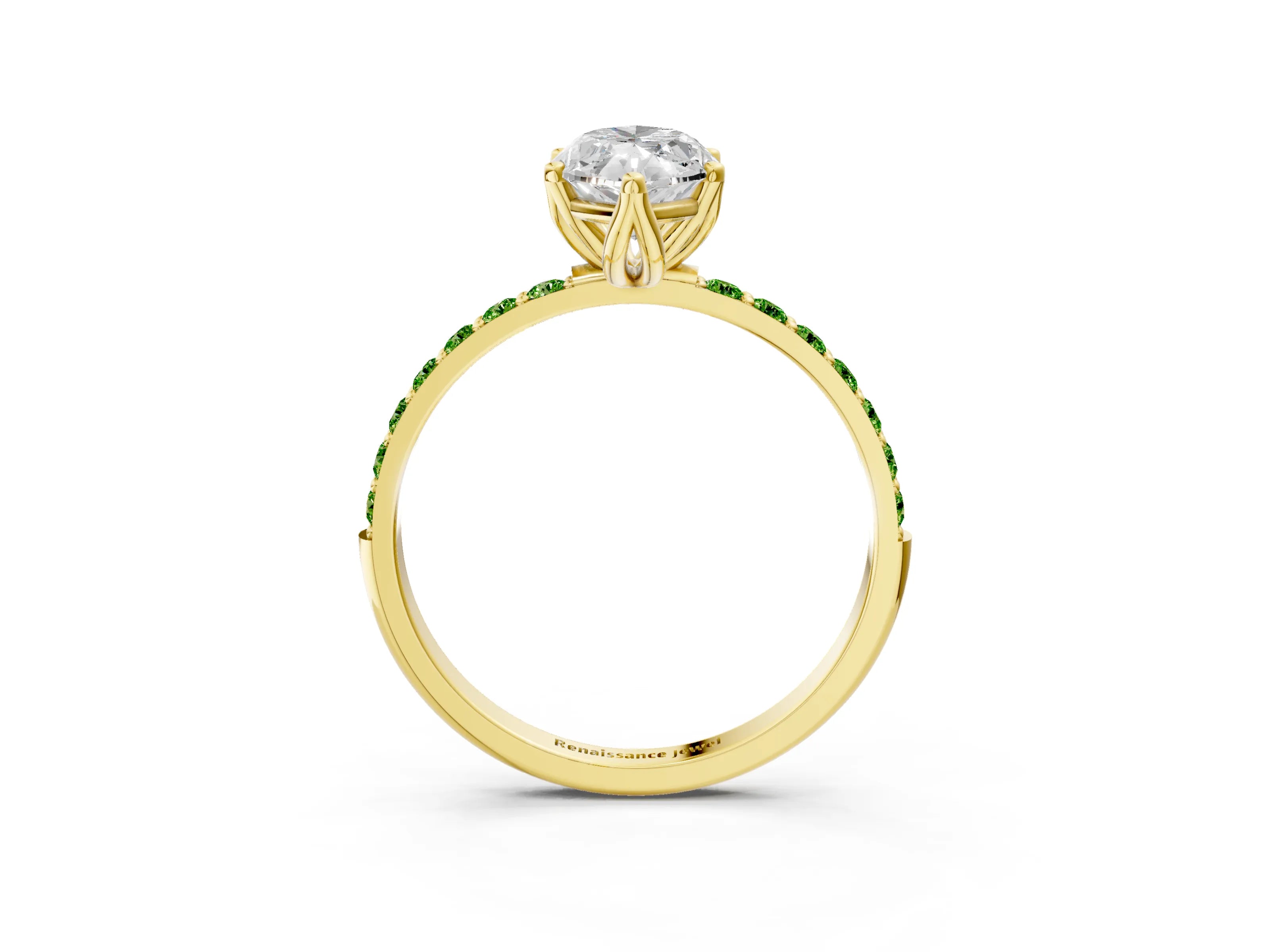 Yellow gold Marquise Cut Diamond Solitaire Engagement Ring with Round with Peridot side stone Pavé Band and Prong Setting_3