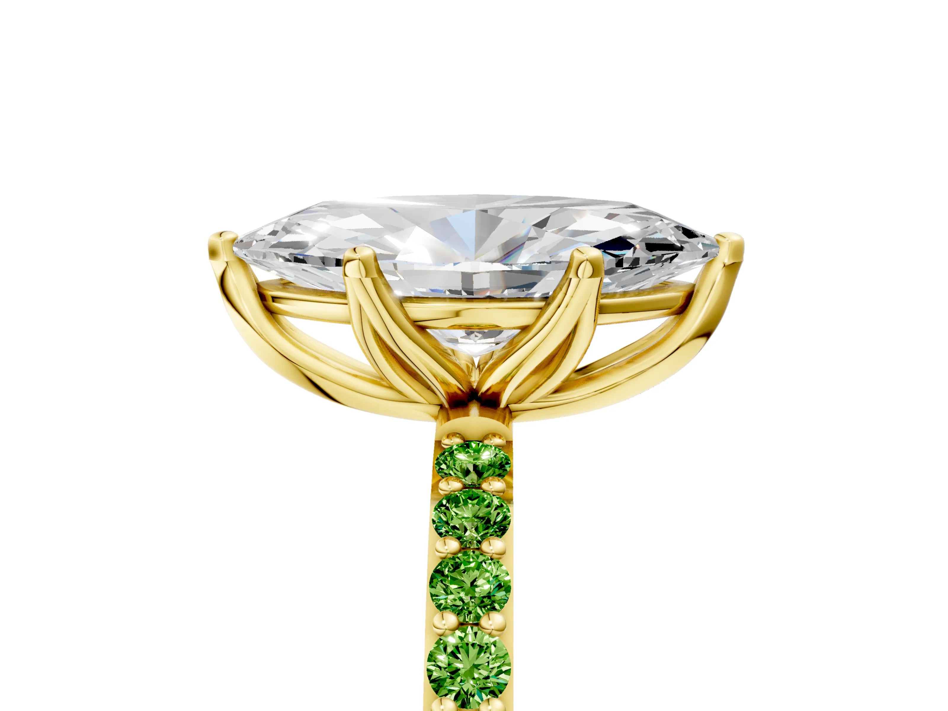 Yellow gold Marquise Cut Diamond Solitaire Engagement Ring with Round with Peridot side stone Pavé Band and Prong Setting_5