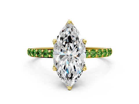 Yellow gold Marquise Cut Diamond Solitaire Engagement Ring with Round with Peridot side stone Pavé Band and Prong Setting