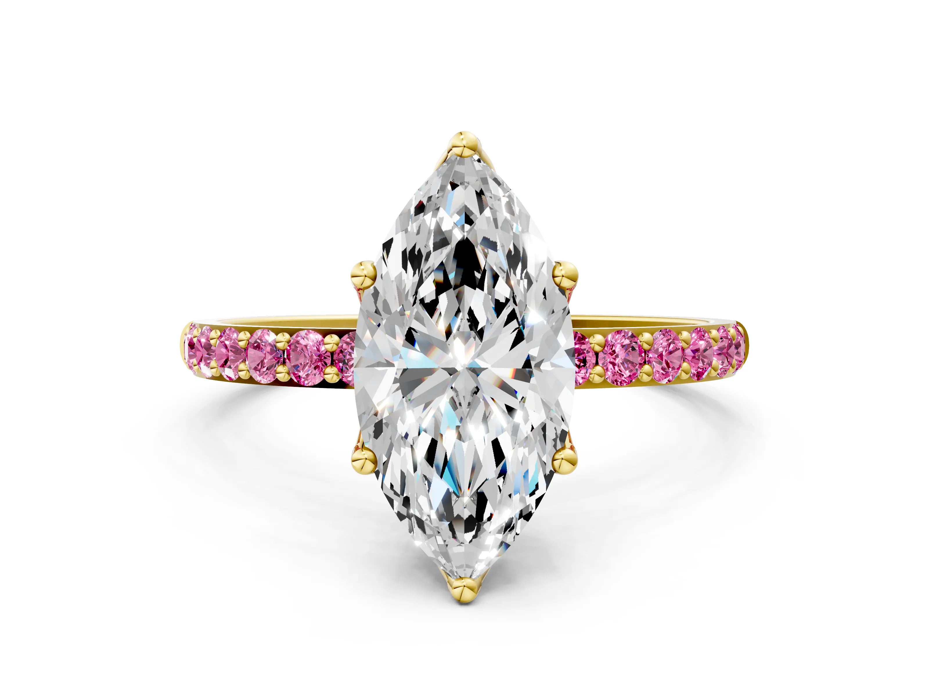 Yellow gold Marquise Cut Diamond Solitaire Engagement Ring with Round with Pink Sapphire side stone Pavé Band and Prong Setting