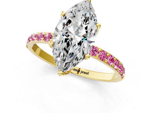 Yellow gold Marquise Cut Diamond Solitaire Engagement Ring with Round with Pink Sapphire side stone Pavé Band and Prong Setting_1