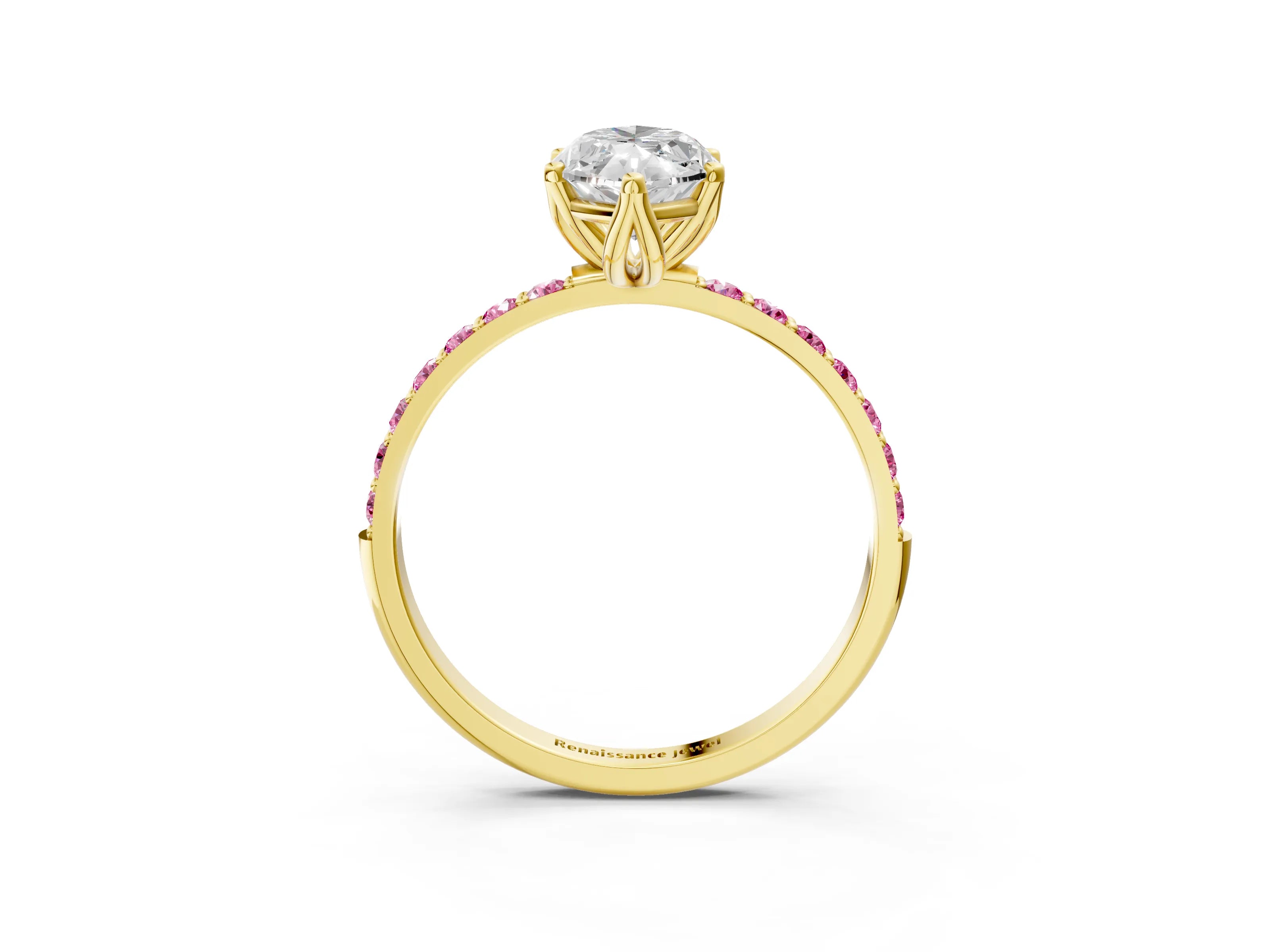Yellow gold Marquise Cut Diamond Solitaire Engagement Ring with Round with Pink Sapphire side stone Pavé Band and Prong Setting_3