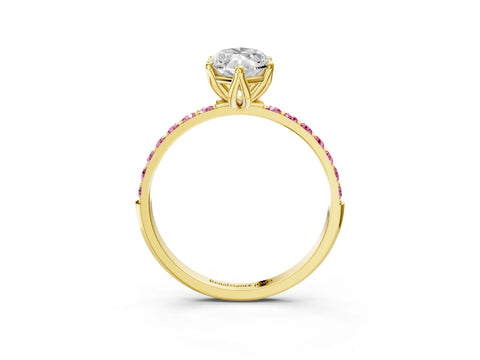 Yellow gold Marquise Cut Diamond Solitaire Engagement Ring with Round with Pink Sapphire side stone Pavé Band and Prong Setting_3