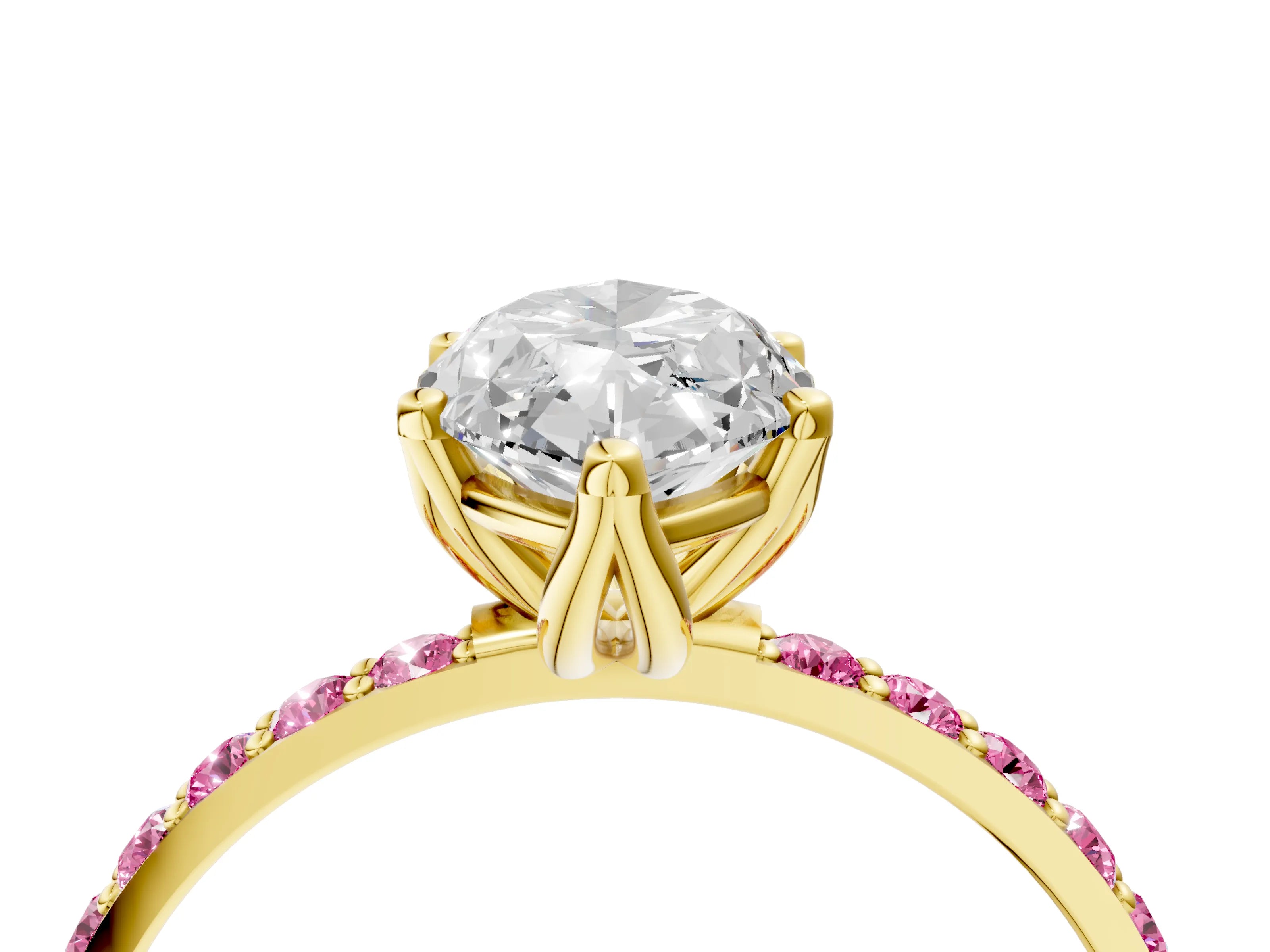 Yellow gold Marquise Cut Diamond Solitaire Engagement Ring with Round with Pink Sapphire side stone Pavé Band and Prong Setting_4