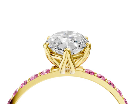 Yellow gold Marquise Cut Diamond Solitaire Engagement Ring with Round with Pink Sapphire side stone Pavé Band and Prong Setting_4