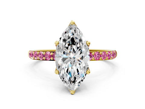 Yellow gold Marquise Cut Diamond Solitaire Engagement Ring with Round with Pink Sapphire side stone Pavé Band and Prong Setting