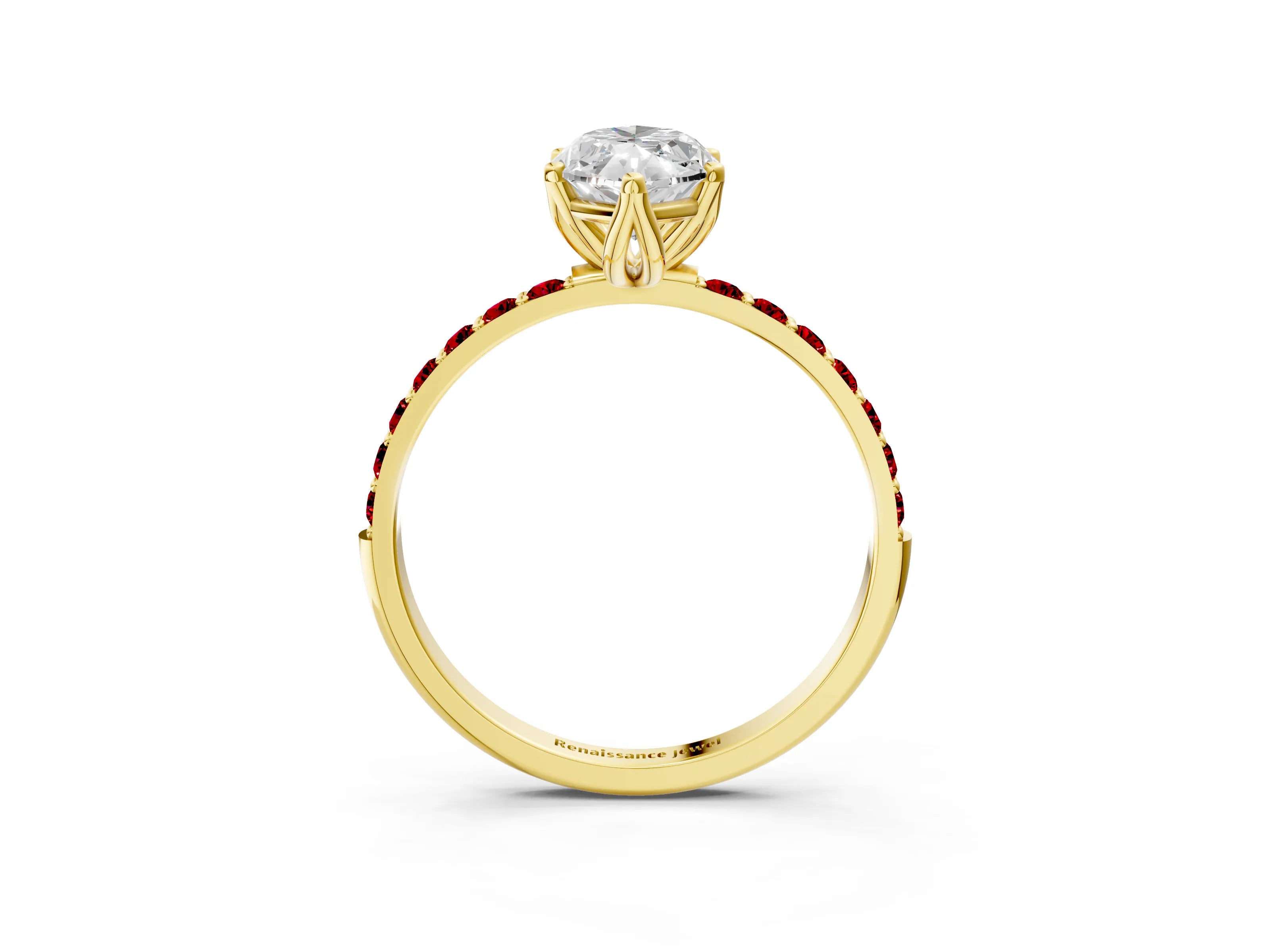 Yellow gold Marquise Cut Diamond Solitaire Engagement Ring with Round with Ruby side stone Pavé Band and Prong Setting_3