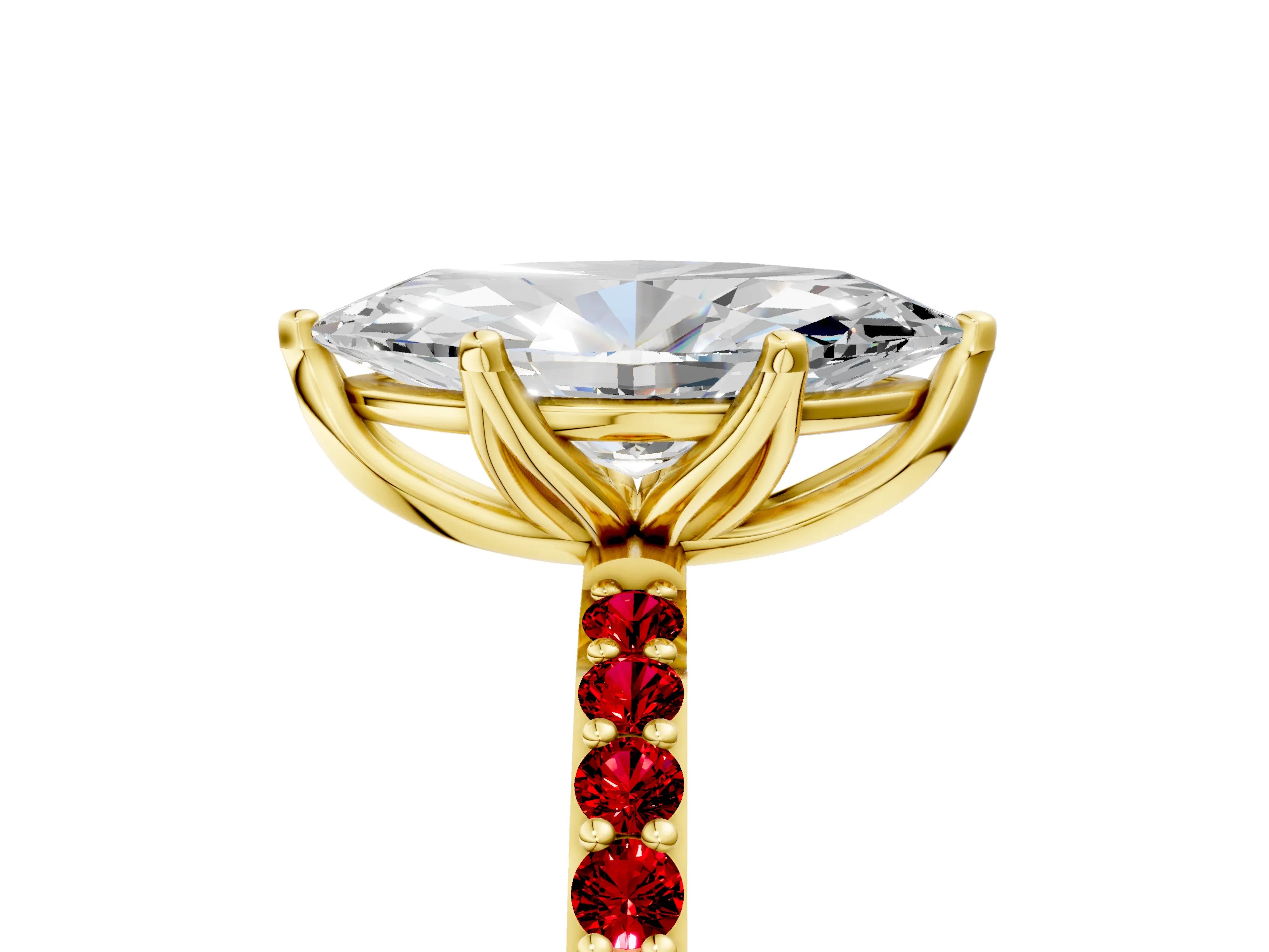 Yellow gold Marquise Cut Diamond Solitaire Engagement Ring with Round with Ruby side stone Pavé Band and Prong Setting_5