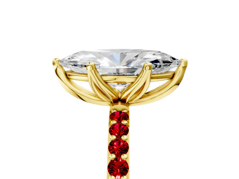 Yellow gold Marquise Cut Diamond Solitaire Engagement Ring with Round with Ruby side stone Pavé Band and Prong Setting_5