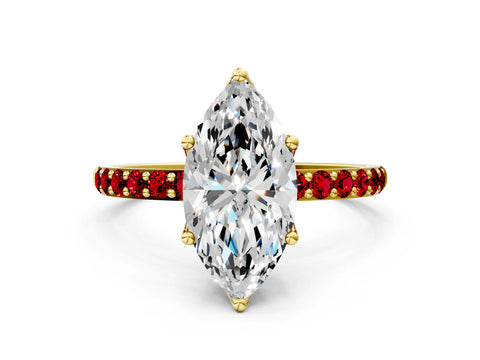 Yellow gold Marquise Cut Diamond Solitaire Engagement Ring with Round with Ruby side stone Pavé Band and Prong Setting