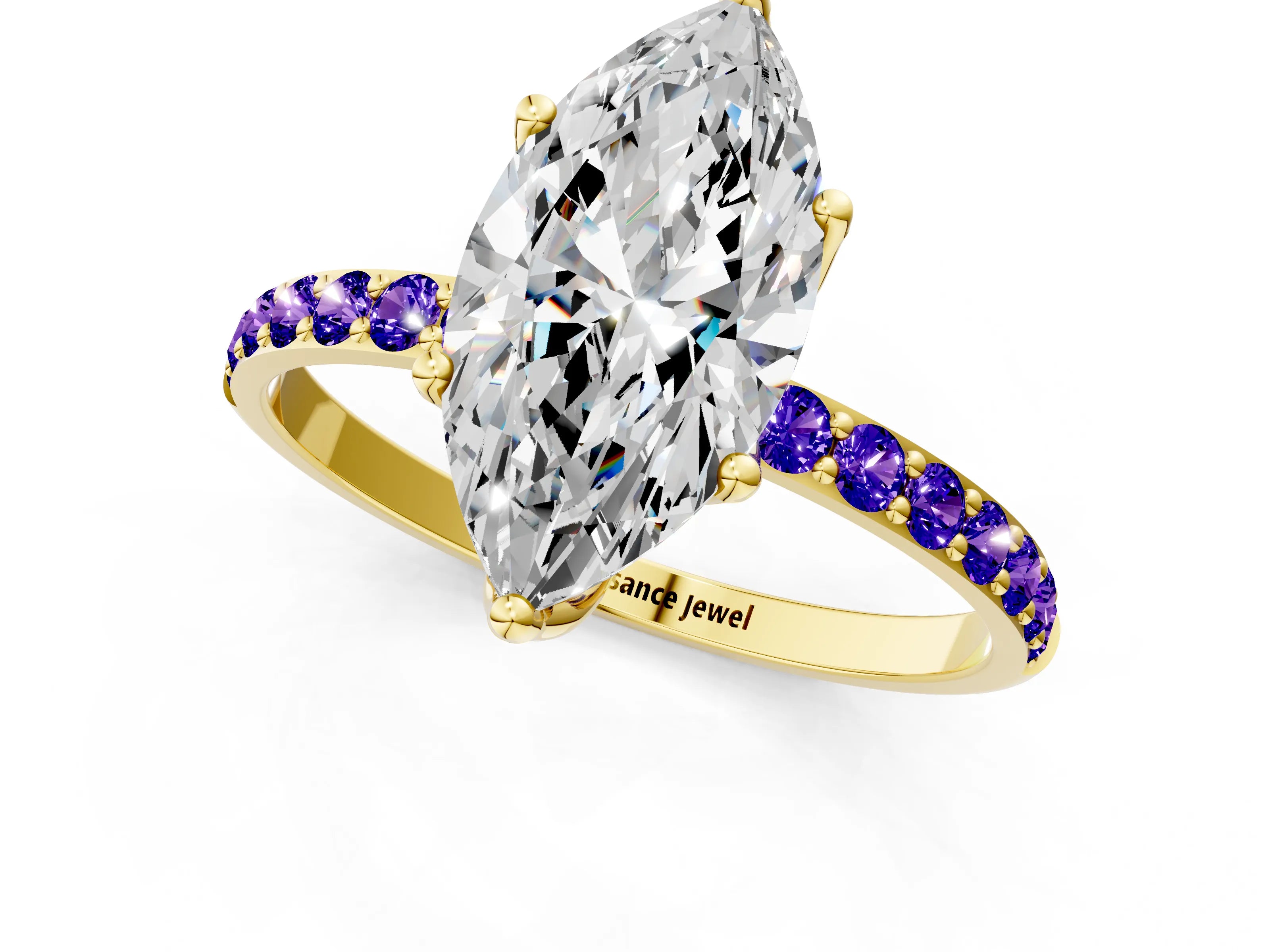 Yellow gold Marquise Cut Diamond Solitaire Engagement Ring with Round with Tanzanite side stone Pavé Band and Prong Setting_1