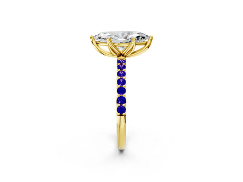 Yellow gold Marquise Cut Diamond Solitaire Engagement Ring with Round with Tanzanite side stone Pavé Band and Prong Setting_2