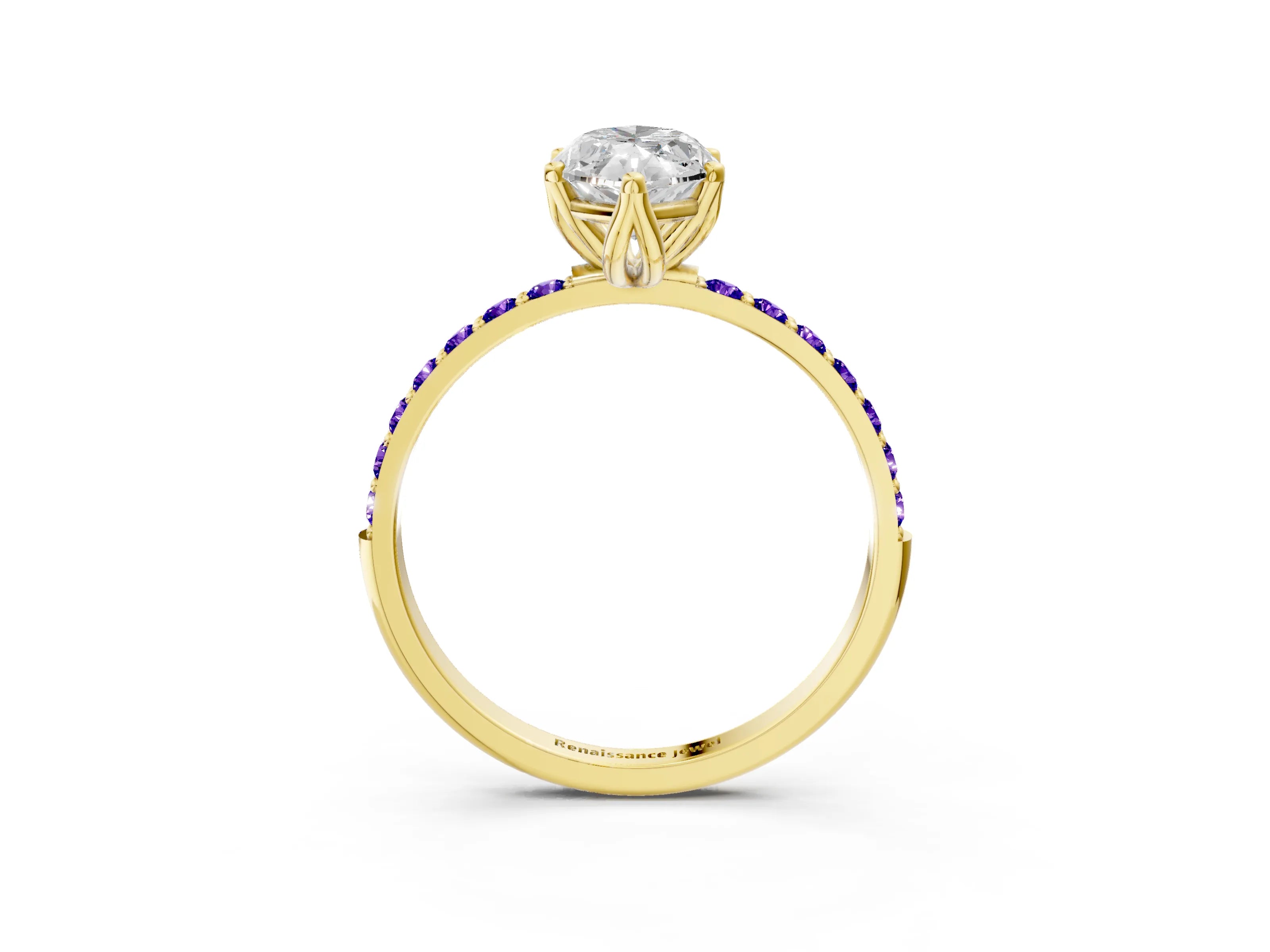 Yellow gold Marquise Cut Diamond Solitaire Engagement Ring with Round with Tanzanite side stone Pavé Band and Prong Setting_3