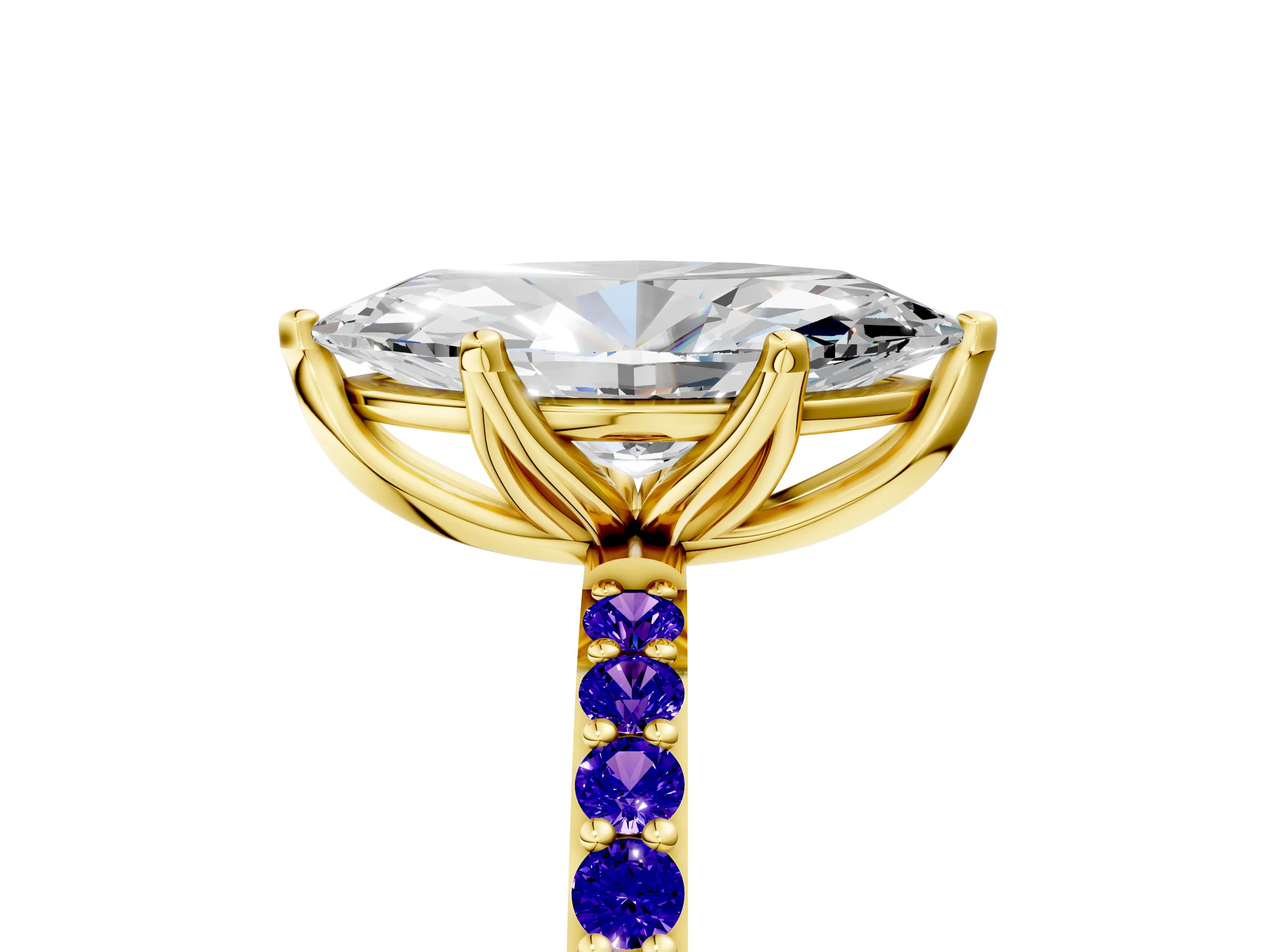 Yellow gold Marquise Cut Diamond Solitaire Engagement Ring with Round with Tanzanite side stone Pavé Band and Prong Setting_5